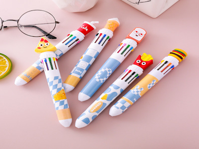 Cartoon Bear Burger Pizza 10 Color Ballpoint Pen Student Cute Stationery Gift Color Press Ballpoint Pen